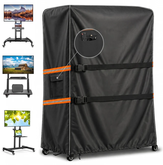 Main image of Acreater Outdoor TV Trolley Cover for 70-75 Inch Screen, Heavy Duty 600D Waterproof Rolling TV Stand Cover, Weatherproof Mobile TV Cart on Wheels Protector, Black 70"x15"x57"