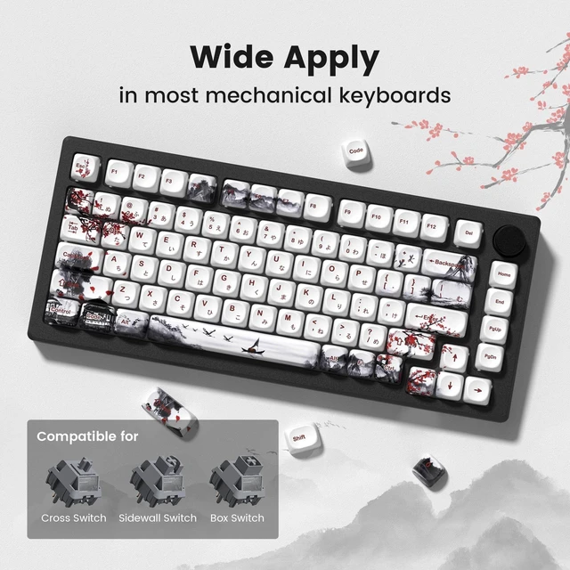 Alt view image 2 of 5 - Womier PBT Keycaps Set 135 Keys, Custom White Japanese Keyboard Dye Sub Side Print Keycaps 60 65 75 100 Percent, MOA Profile Cute Ink Art Style, MOA Blossom