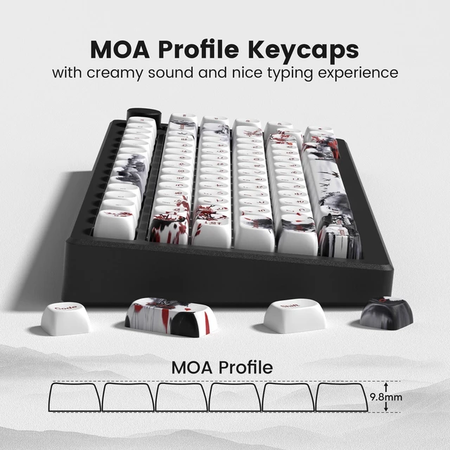 Alt view image 3 of 5 - Womier PBT Keycaps Set 135 Keys, Custom White Japanese Keyboard Dye Sub Side Print Keycaps 60 65 75 100 Percent, MOA Profile Cute Ink Art Style, MOA Blossom