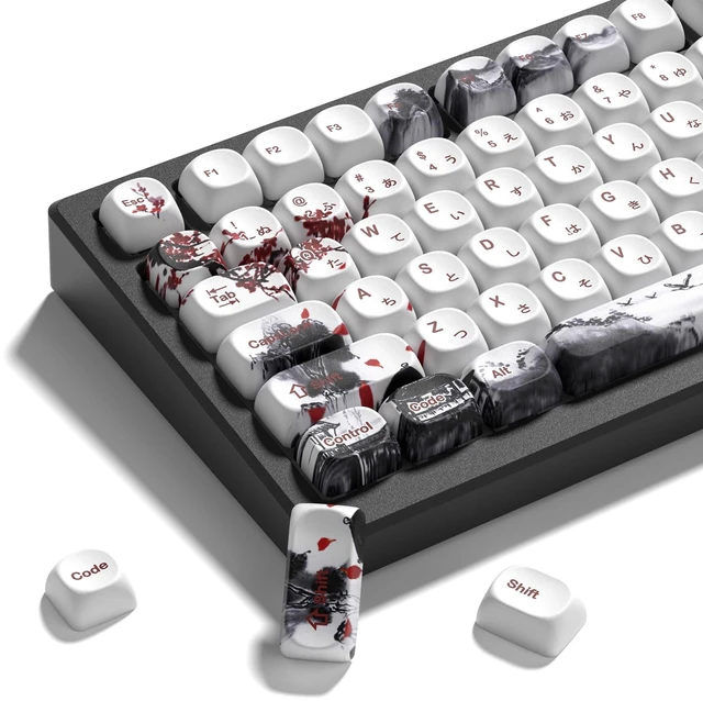 Main image of Womier PBT Keycaps Set 135 Keys, Custom White Japanese Keyboard Dye Sub Side Print Keycaps 60 65 75 100 Percent, MOA Profile Cute Ink Art Style, MOA Blossom