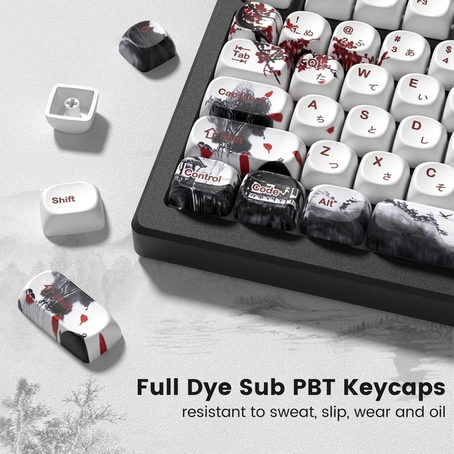 Alt view image 4 of 5 - Womier PBT Keycaps Set 135 Keys, Custom White Japanese Keyboard Dye Sub Side Print Keycaps 60 65 75 100 Percent, MOA Profile Cute Ink Art Style, MOA Blossom