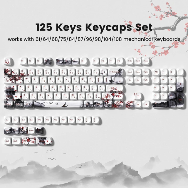 Alt view image 5 of 5 - Womier PBT Keycaps Set 135 Keys, Custom White Japanese Keyboard Dye Sub Side Print Keycaps 60 65 75 100 Percent, MOA Profile Cute Ink Art Style, MOA Blossom