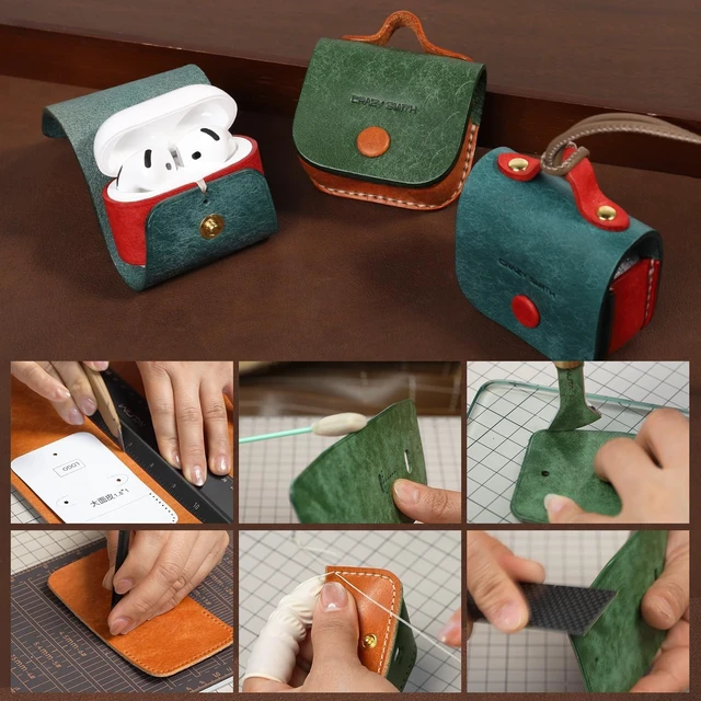 Alt view image 2 of 5 - Handmade Genuine Leather Case for AirPods 4, Shockproof Protective Earbuds Cover with Dual Lanyards, Wireless & Wired Charging Accessible (Type-b-Green)