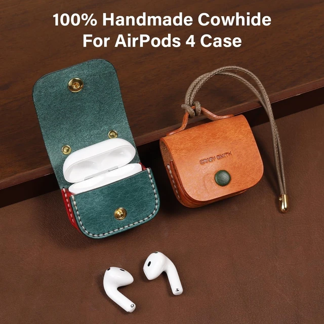 Alt view image 3 of 5 - Handmade Genuine Leather Case for AirPods 4, Shockproof Protective Earbuds Cover with Dual Lanyards, Wireless & Wired Charging Accessible (Type-b-Green)