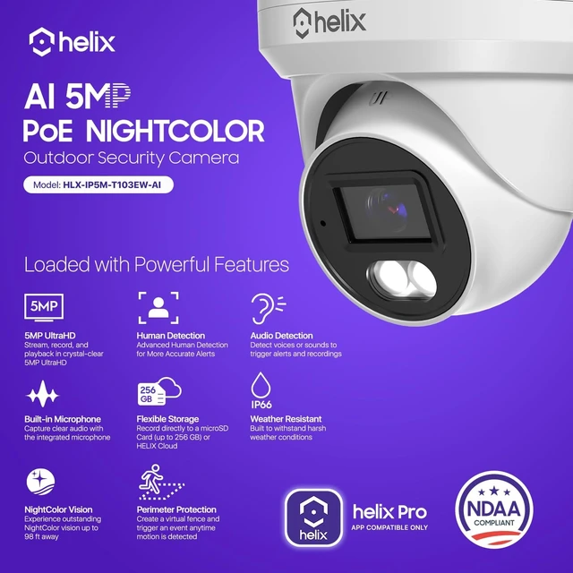 Alt view image 2 of 5 - Helix 2PK 5MP Security AI IP PoE Camera, 98ft Night Color, Human Detection, NDAA Compliant, Indoor Outdoor Surveillance Turret, Built in Mic, Support 256GB MicroSD, Deterrent, 2PK-HLX-IP5M-T103EW-AI