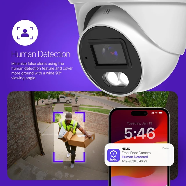 Alt view image 4 of 5 - Helix 2PK 5MP Security AI IP PoE Camera, 98ft Night Color, Human Detection, NDAA Compliant, Indoor Outdoor Surveillance Turret, Built in Mic, Support 256GB MicroSD, Deterrent, 2PK-HLX-IP5M-T103EW-AI