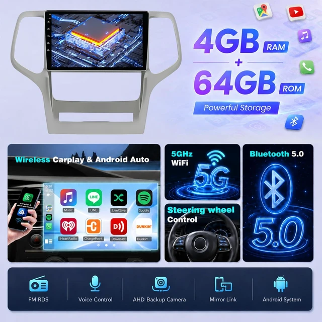 Alt view image 3 of 5 - Upgrcaru 4+64G Car Radio for Jeep Grand Cherokee 2008-2013
