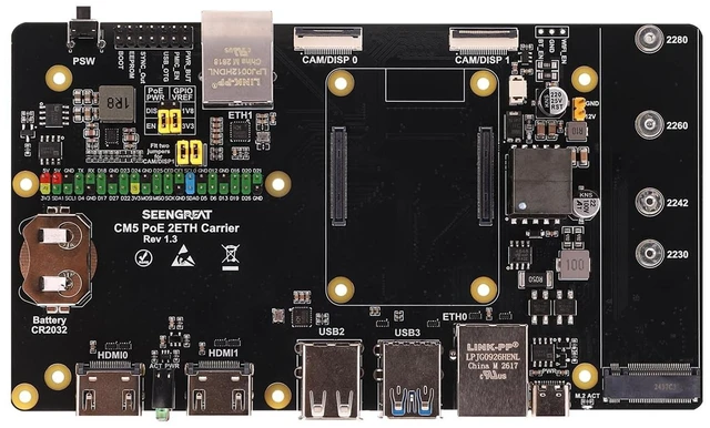 Main image of CM5 PoE 2ETH Carrier Board, Dual Gigabit Ethernet PoE Expansion with M.2 NVMe, Dual HDMI, USB3.0/2.0, MIPI Camera/Display, 40-pin GPIO, Embedded Platform for Raspberry Pi CM5
