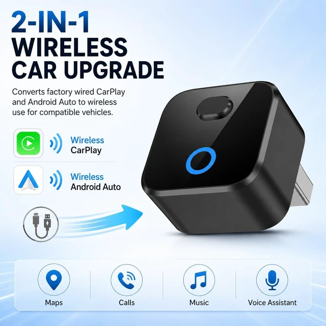 Alt view image 2 of 5 - Wiseday Mini Wireless CarPlay & Android Auto Adapter, 2-in-1 for Wired Cars