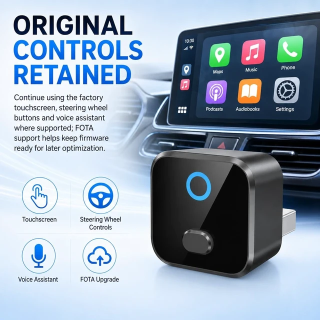 Alt view image 5 of 5 - Wiseday Mini Wireless CarPlay & Android Auto Adapter, 2-in-1 for Wired Cars