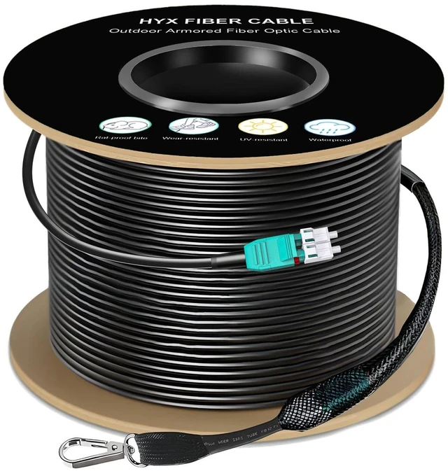 Main image of 492FT/150M OM3 LC to LC Outdoor Armored Fiber Patch Cable, Direct Burial Industrial TPU Duplex Multimode Fiber Optic Cable, 40Gb/10Gb, 50/125 um, Uniboot LC-LC Connector with Pulling Eye Kit, OD 5mm