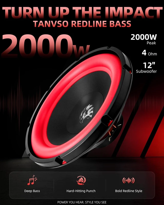Alt view image 2 of 5 - TANVSO Redline Bass Series 12 Subwoofer, 2000W Peak 4 Ohm 12 Inch Car Subwoofer, High-Excursion Woofer with Red Rubber Surround for Trunk Bass Box & Custom Car Audio, Single