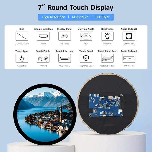 Alt view image 3 of 5 - KLAYERS 7inch LCD 1080x1080 Round Display,Up to 10-Point Capacitive Touch,IPS Panel,Optical Bonding Toughened Glass Panel,Compatible with Raspberry PI OS