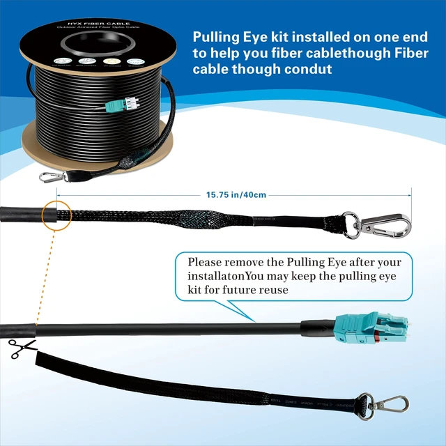 Alt view image 4 of 5 - 492FT/150M OM3 LC to LC Outdoor Armored Fiber Patch Cable, Direct Burial Industrial TPU Duplex Multimode Fiber Optic Cable, 40Gb/10Gb, 50/125 um, Uniboot LC-LC Connector with Pulling Eye Kit, OD 5mm