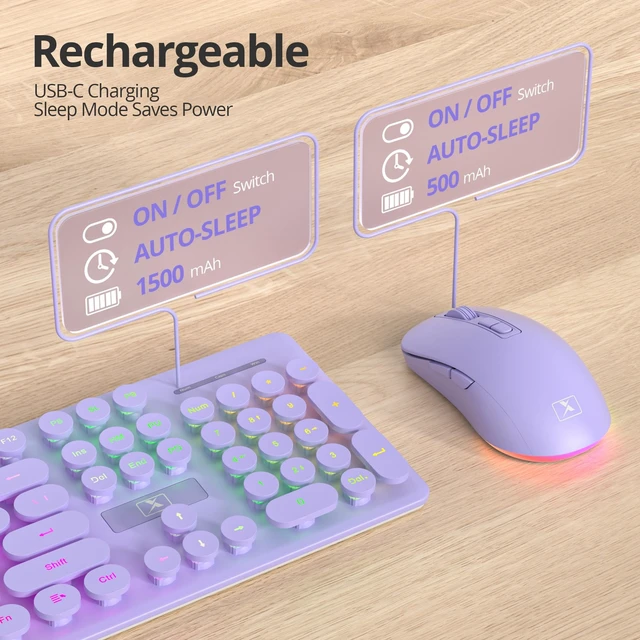 Alt view image 4 of 5 - Wireless Keyboard and Mouse, Quiet Light Up Typewriter Keyboard, Rechargeable Full-Size 2.4GHz Connection for Windows PC Laptop