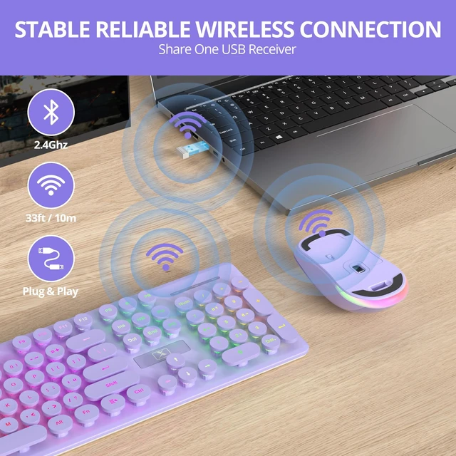 Alt view image 3 of 5 - Wireless Keyboard and Mouse, Quiet Light Up Typewriter Keyboard, Rechargeable Full-Size 2.4GHz Connection for Windows PC Laptop