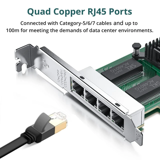 Alt view image 2 of 5 - 4 Port Gigabit NIC for Intel I350-T4 with Low Profile, Gigabit Ethernet Network Adapter Card with Intel I350-AM4 Controller, Support Windows/XP/Linux/VMware ESX, Quad RJ45 Ports, PCI-E 2.1 X4,