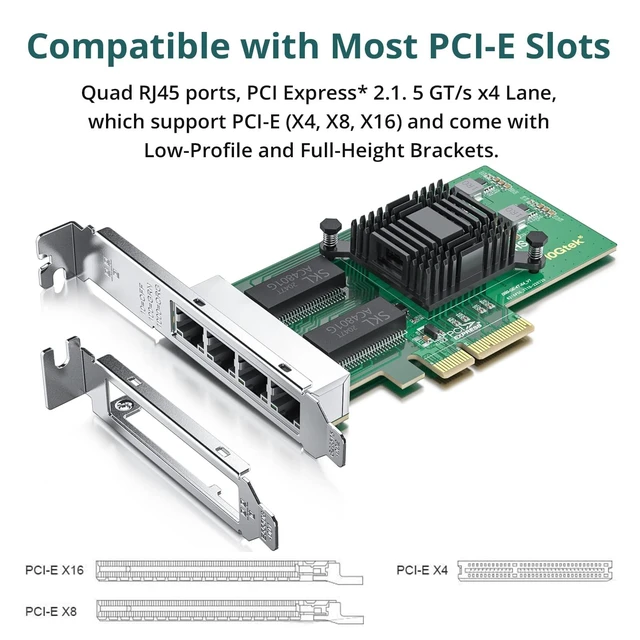 Alt view image 3 of 5 - 4 Port Gigabit NIC for Intel I350-T4 with Low Profile, Gigabit Ethernet Network Adapter Card with Intel I350-AM4 Controller, Support Windows/XP/Linux/VMware ESX, Quad RJ45 Ports, PCI-E 2.1 X4,