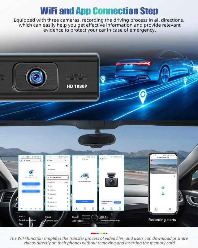 Alt view image 5 of 5 - 3 Channel Dash Cam Front and Rear, Built-in WiFi, App Control