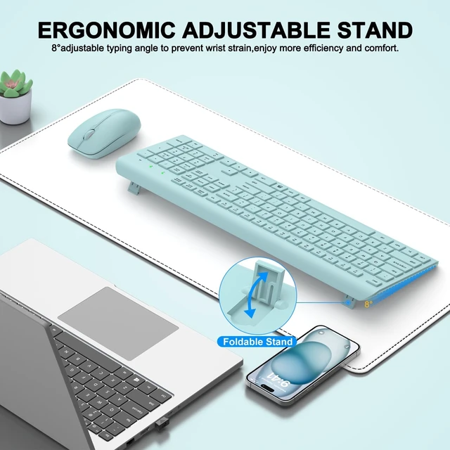 Alt view image 5 of 5 - Wireless Keyboard and Mouse Combo, Full-Size Silent Ergonomic Keyboard and Optical Mouse, Long Battery Life, 2.4GHz Lag-Free Cordless Mice Keyboard for Computer, Mac, Laptop, PC, Windows(Green)