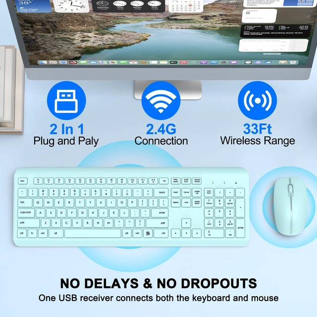 Alt view image 2 of 5 - Wireless Keyboard and Mouse Combo, Full-Size Silent Ergonomic Keyboard and Optical Mouse, Long Battery Life, 2.4GHz Lag-Free Cordless Mice Keyboard for Computer, Mac, Laptop, PC, Windows(Green)