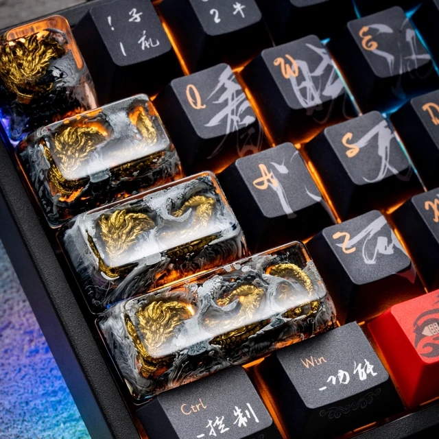 Alt view image 3 of 5 - ULTRAEQUIP Artisan Keycap, Golden Dragon Design, Handmade Resin, Gray and Gold, Custom Mechanical Keyboard Key (Golden Dragon Keycaps, 2.25U)