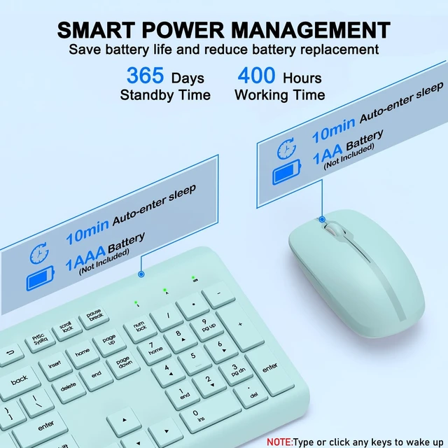 Alt view image 3 of 5 - Wireless Keyboard and Mouse Combo, Full-Size Silent Ergonomic Keyboard and Optical Mouse, Long Battery Life, 2.4GHz Lag-Free Cordless Mice Keyboard for Computer, Mac, Laptop, PC, Windows(Green)