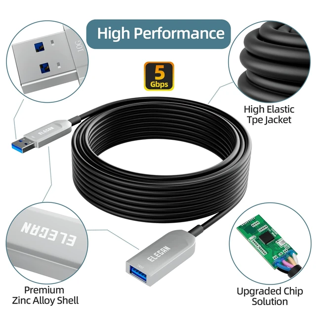 Alt view image 2 of 5 - Elecan Active Optical USB 3.0 Extension Cable 100 FT Fiber Optic Type A Male to Female USB Extension Cord USB Extender 5Gbps Data Transfer for Webcam,Gamera, USB Hub, Keyboard, Hard Drive, Printer