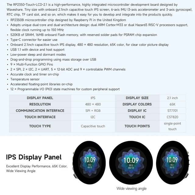 Alt view image 4 of 5 - KLAYERS RP2350-Touch-LCD-2.1,All-in-One Microcontroller Board,Flat Touch Panel Version,480480 IPS Panel Display, 65K Color