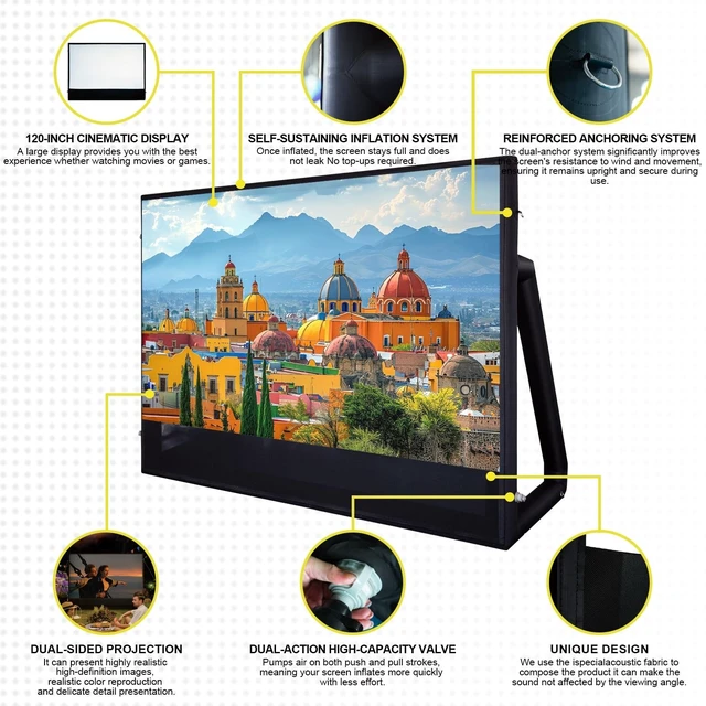 Alt view image 5 of 5 - Inflatable Projector Screen 16FT (120 Inch) - Air-Tight Design, No Blower Needed - Inflatable Movie Screen Outdoor with Front/Rear Projection - TPU Waterproof Frame for Backyard, Pool, Camping, Party