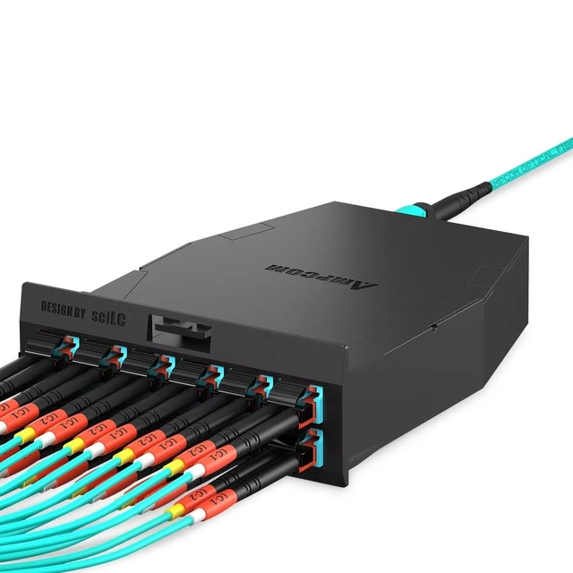 Alt view image 4 of 5 - AMPCOM MPO to LC Breakout Cable 50/125m Multimode OM3-300(12 Fiber, MPO to LC, Type B, LSZH/Riser, UPC, Aqua) 15m (49ft)