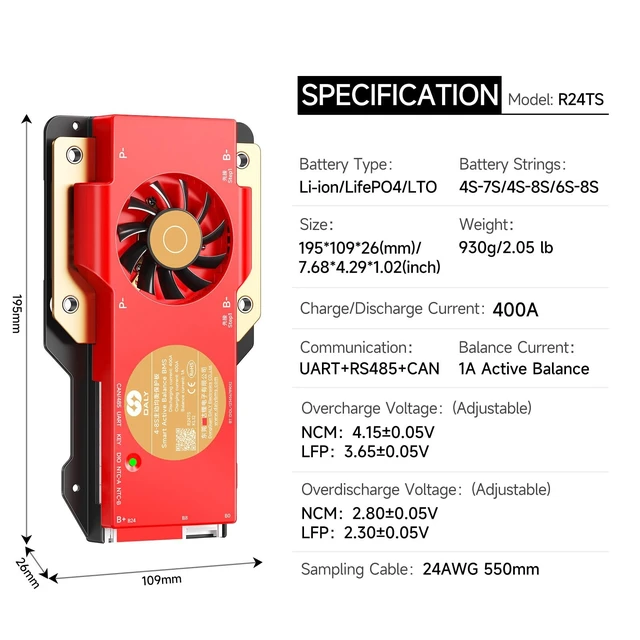 Alt view image 2 of 5 - DALY BMS 12V-24V 400A Built-in 1A Active Balancer Bluetooth RS485 CAN