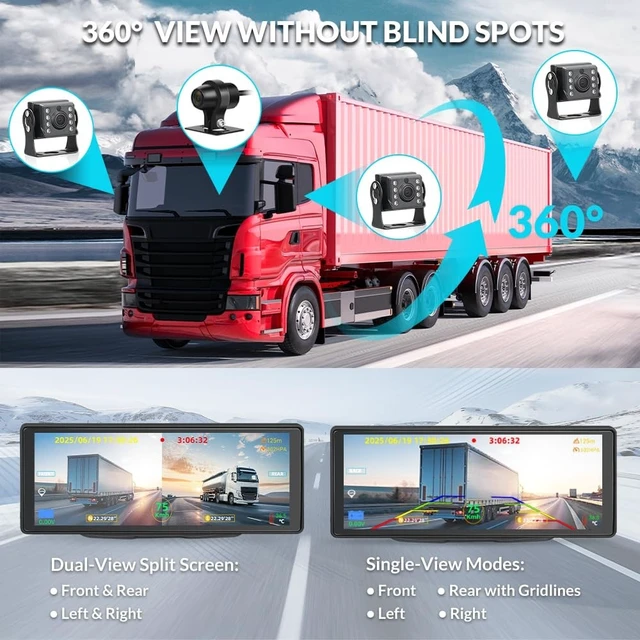 Alt view image 4 of 5 - VSYSTO 4-Channel Truck Dash Cam 10.26" Touch Screen with Wireless CarPlay & Android Auto, 1080P Front/Rear/Side Cameras Supports IR Night Vision IPX7 Waterproof Parking Mode for RVs Semi Trucks