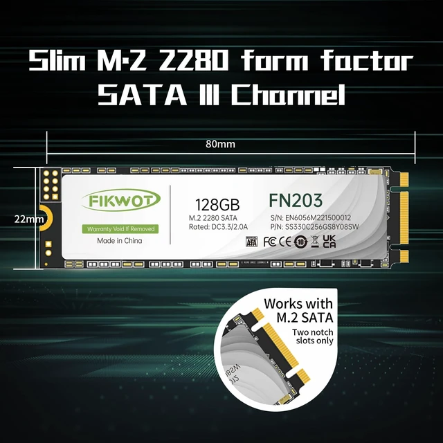 Alt view image 3 of 5 - Fikwot FN203 M.2 SATA SSD - SLC Cache 3D NAND TLC SATA III 6Gb/s M.2 2280 NGFF Internal Solid State Drive, Up to 550MB/s, Compatible with Ultrabooks, Tablet Computers and Mini PCs (128GB)