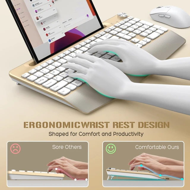Alt view image 2 of 5 - GAMCATZ Ergonomic Wireless Keyboard and Mouse with Wrist RestPhone Holder - 2.4GHz Full-Sized Low-Profile Quiet Gold Wireless Mouse and Keyboard Combo for Computer, Laptop, PC, Mac-Gold