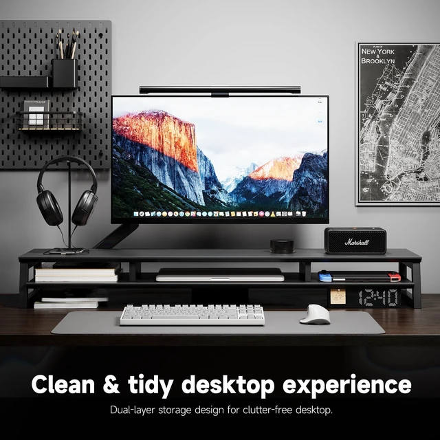 Alt view image 3 of 5 - YOGRFA Dual Monitor Stand Riser for Desk, 41.7 Inch Large 2 Tier Computer Monitor Stand for 2 Monitors, Desktop Storage Organizer Shelf with Keyboard Space for Laptop PC Printer, Black