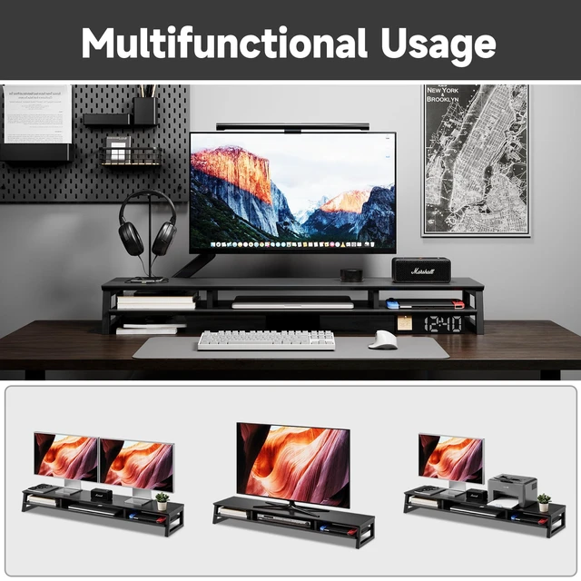 Alt view image 5 of 5 - YOGRFA Dual Monitor Stand Riser for Desk, 41.7 Inch Large 2 Tier Computer Monitor Stand for 2 Monitors, Desktop Storage Organizer Shelf with Keyboard Space for Laptop PC Printer, Black