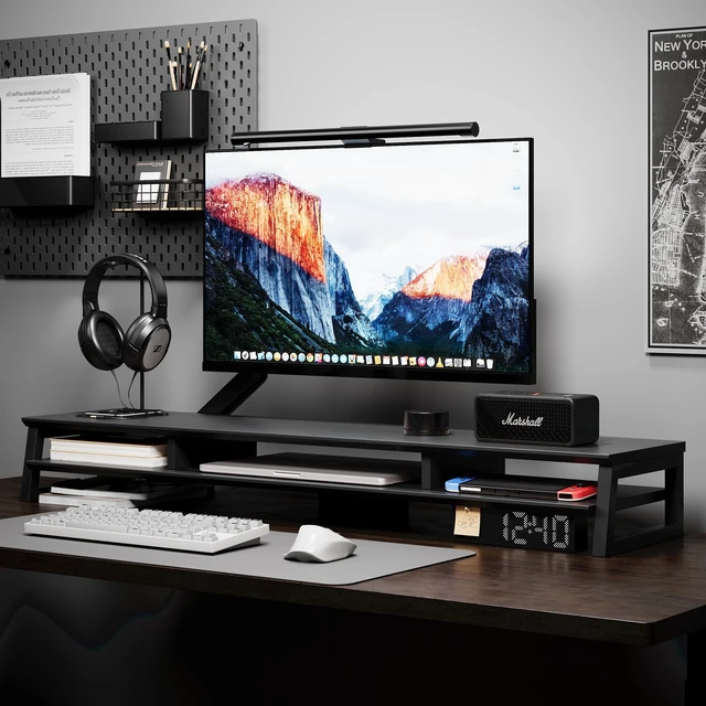 Alt view image 2 of 5 - YOGRFA Dual Monitor Stand Riser for Desk, 41.7 Inch Large 2 Tier Computer Monitor Stand for 2 Monitors, Desktop Storage Organizer Shelf with Keyboard Space for Laptop PC Printer, Black