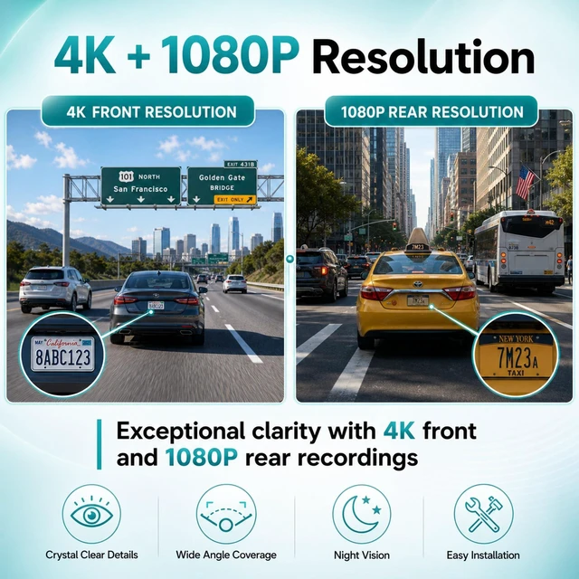 Alt view image 4 of 5 - Hodozzy 4K Dash Cam Front and Rear, Mini Car Camera WiFi Hidden Dash Camera with App Control, Wide Angle Night Vision, Loop Recording G-Sensor DVR for All Cars