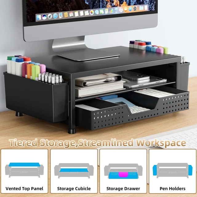 Alt view image 2 of 5 - NAVALYTIX 2-Tier Monitor Stand with Drawer, Metal Desk Riser, Black
