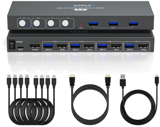 Main image of USB3.0 Switch HDMI Kvm Switch 4 Computers 1 Monitors with 3 USB Ports, 4K@60Hz for 4 Computers Sharing Monitor Keyboard Mouse, Supports Button Control, EDID Compatible (Jet Black)