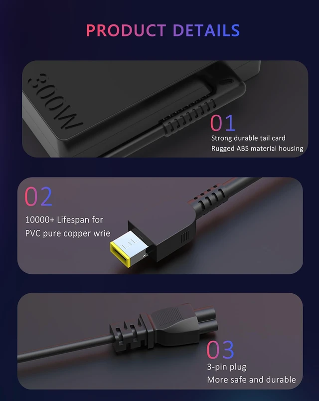 Alt view image 4 of 5 - Nivjuky 300W Gaming Laptop Charger Compatible with Lenovo Legion