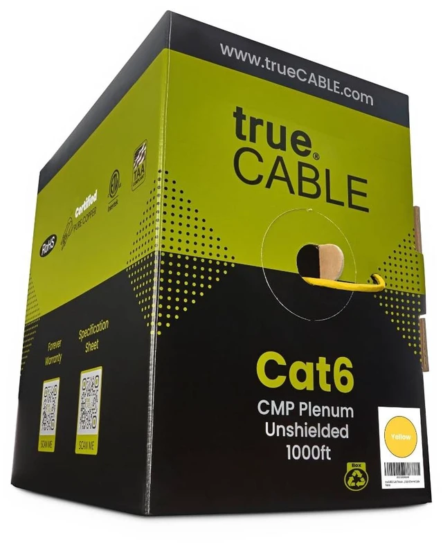 Main image of trueCABLE Cat6 Plenum (CMP), 1000ft, Yellow, 23AWG 4 Pair Solid Bare Copper, 550MHz, PoE++ (4PPoE), ETL Listed, Unshielded Twisted Pair (UTP), Bulk Ethernet Cable