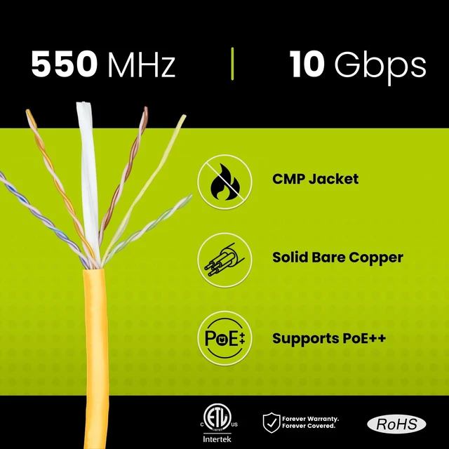 Alt view image 2 of 5 - trueCABLE Cat6 Plenum (CMP), 1000ft, Yellow, 23AWG 4 Pair Solid Bare Copper, 550MHz, PoE++ (4PPoE), ETL Listed, Unshielded Twisted Pair (UTP), Bulk Ethernet Cable