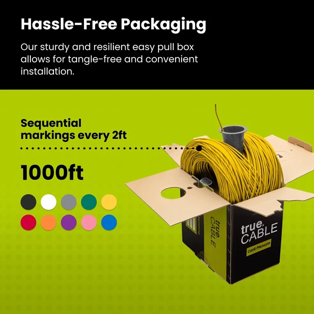Alt view image 5 of 5 - trueCABLE Cat6 Plenum (CMP), 1000ft, Yellow, 23AWG 4 Pair Solid Bare Copper, 550MHz, PoE++ (4PPoE), ETL Listed, Unshielded Twisted Pair (UTP), Bulk Ethernet Cable
