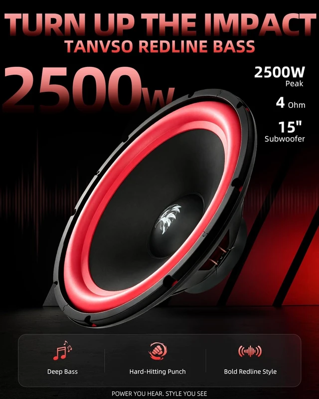 Alt view image 2 of 5 - TANVSO Redline Bass Series 15 Subwoofer, 2500W Peak 4 Ohm 15 Inch Car Subwoofer, High-Excursion Woofer with Red Rubber Surround for Trunk Bass Box & Custom Car Audio, Single