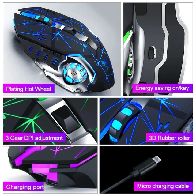 Alt view image 3 of 5 - TWOLF Q13 USB 2.4G Wireless Mouse Rechargeable DPI1600 RGB 6D Breathing Light Computer Gaming Mouse (Black)