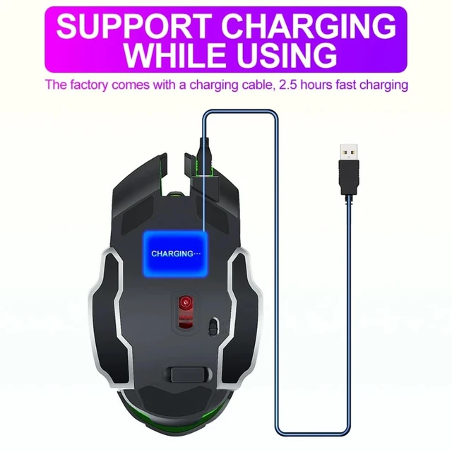 Alt view image 2 of 5 - TWOLF Q13 USB 2.4G Wireless Mouse Rechargeable DPI1600 RGB 6D Breathing Light Computer Gaming Mouse (Black)