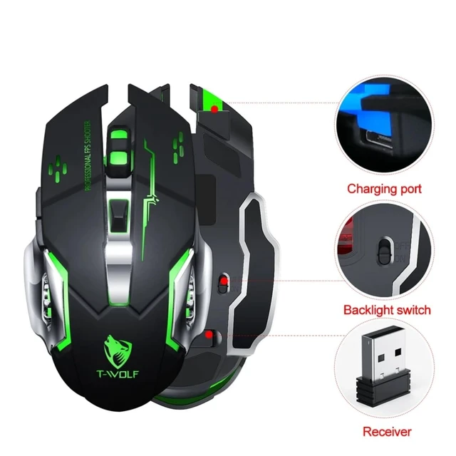 Alt view image 4 of 5 - TWOLF Q13 USB 2.4G Wireless Mouse Rechargeable DPI1600 RGB 6D Breathing Light Computer Gaming Mouse (Black)