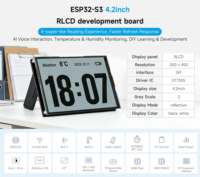 Alt view image 2 of 5 - ESP32-S3 4.2inch RLCD Development Board, 300x400, E-Paper-Like Screen, Supports Wi-Fi & BLE, AI Voice Interaction,Temperature & Humidity Monitoring, DIY Smart Devices, etc. (No Batt)